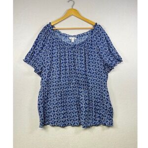 Crofts &‎ Barrow Blue White Geometric Print Off Shoulder Ruffle Top Plus Size 3X